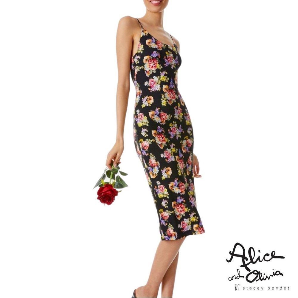 alice + olivia **NWT** Delora Black Magnolia Floral Print Fitted Midi D… - Picture 1 of 13